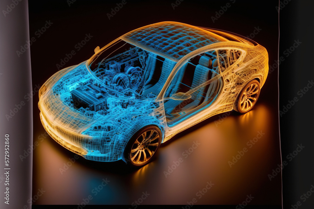 Virtual simulation of future electric car showing wireframe prototype model blueprint in display for