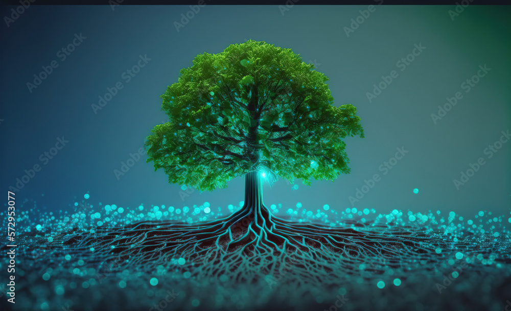 A beautiful large tree growing on the micro chip computer circuit board showing concept of digital b