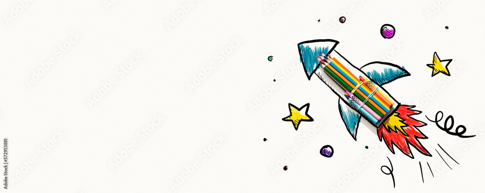 Back to school theme with hand drawn rocket and colored pencils