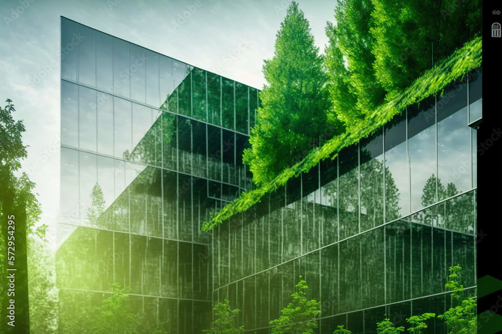 Environmental friendly and sustainable office building in the modern city . Sublime Generative AI im