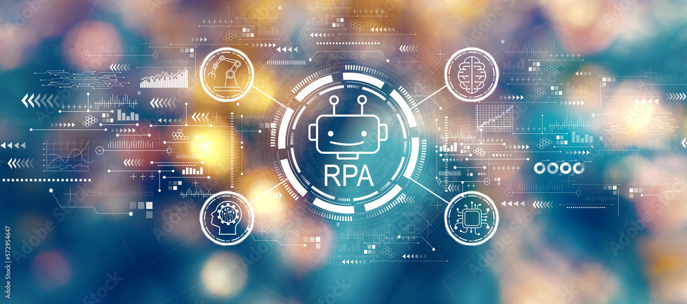 Robotic Process Automation RPA theme with blurred city lights at night