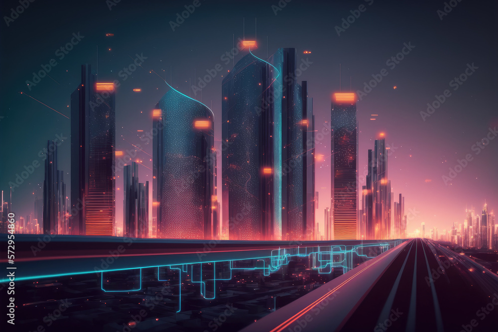 Smart city with communication network graphic connecting the city with wireless internet technology.