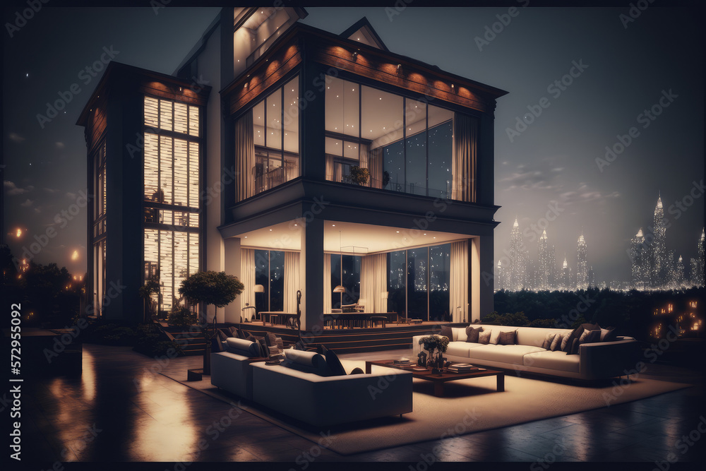 Luxury house with sitting area at night . Modern design of home architecture exterior. Peculiar AI g