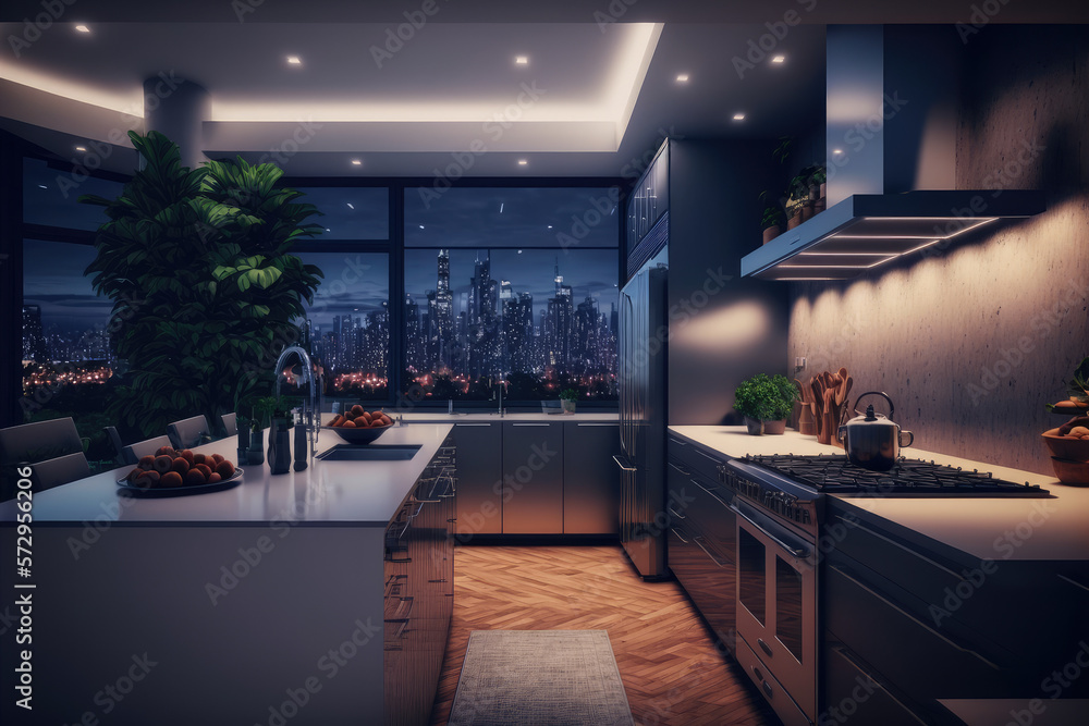 Luxury apartment kitchen at night . Luxury interior decoration design. Peculiar AI generative image.