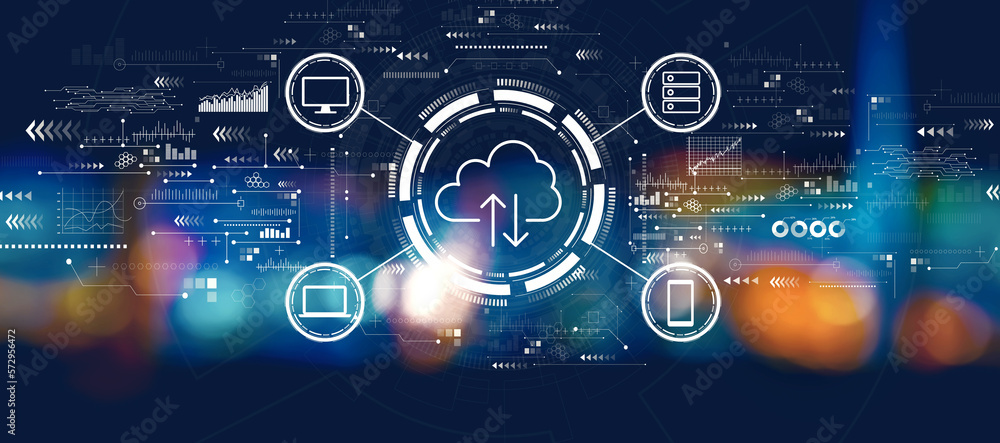 Cloud computing with blurred city lights at night