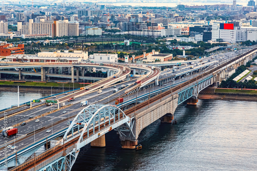 Aerial view of an expressway bridge in Odaiba, Tokyo, Japan