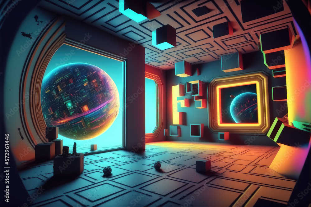 Metaverse room imaginative fantasy decoration design . Digital virtual reality gaming conceptural. P