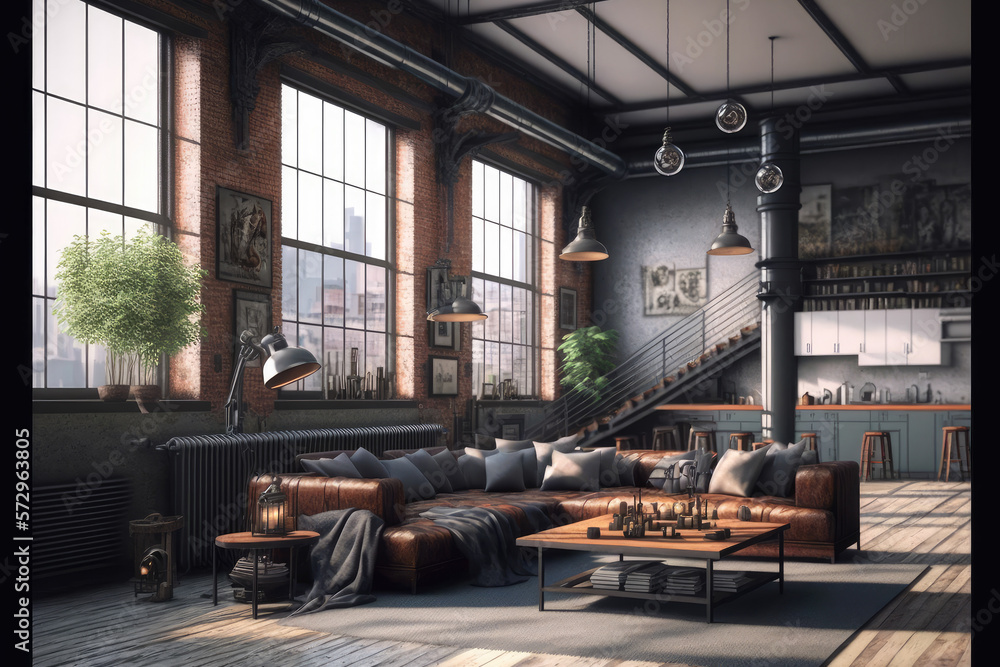 Luxury apartment decorated with industrial loft modern interior design. Peculiar AI generative image