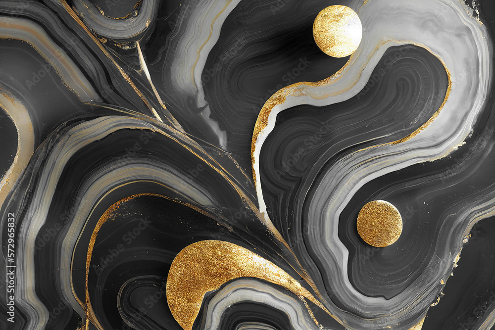 Abstract art background with a fluid marble black and gold texture. Splendid generative AI luxury ab