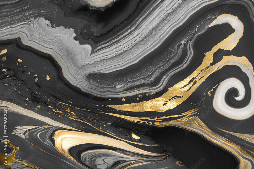 Abstract art background with a fluid marble black and gold texture. Splendid generative AI luxury ab