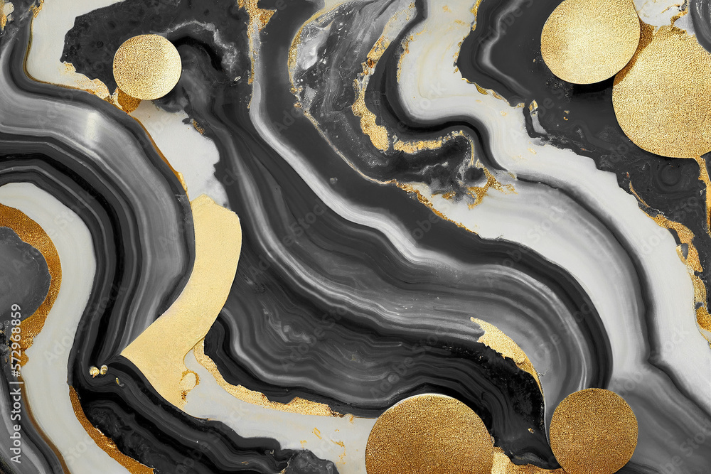 Abstract art background with a fluid marble black and gold texture. Splendid generative AI luxury ab