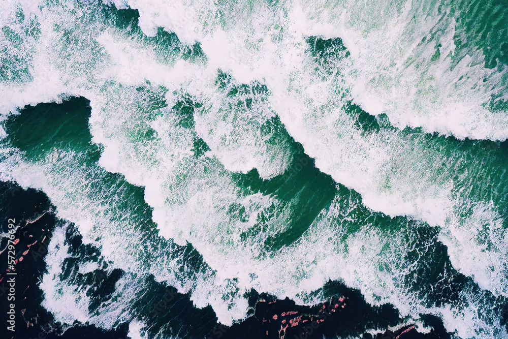 Spectacular drone photo, top view of seascape ocean wave crashing rocky cliff with sunset at the hor