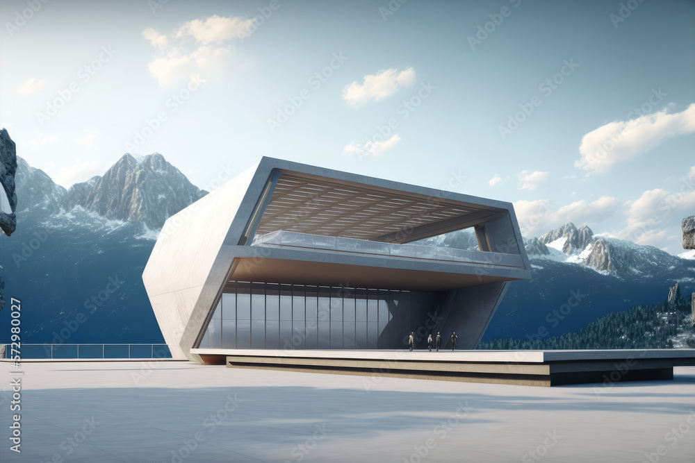 Futuristic architecture of modern hall entrance facade on high mountain top scenery with empty outdo