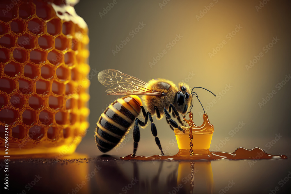 Bee and honey from close up view of nature insect. Peculiar AI generative image.