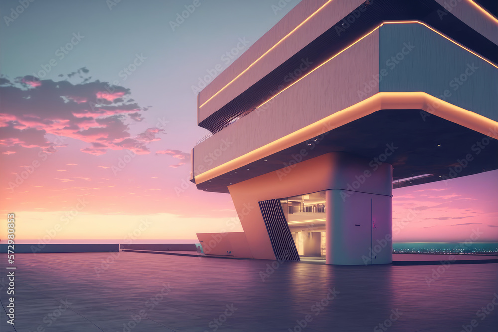 Sunset view of empty balcony floor on corridor of modern building exterior. Peculiar AI generative i