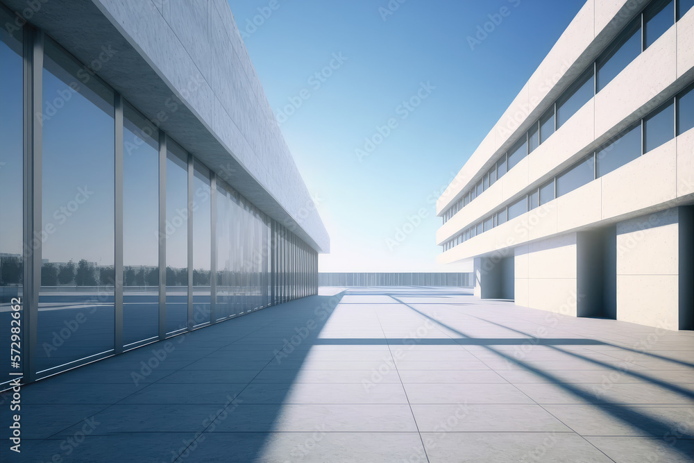 Modern architecture exterior of public hall entrance in urban building outdoor under bright sky with