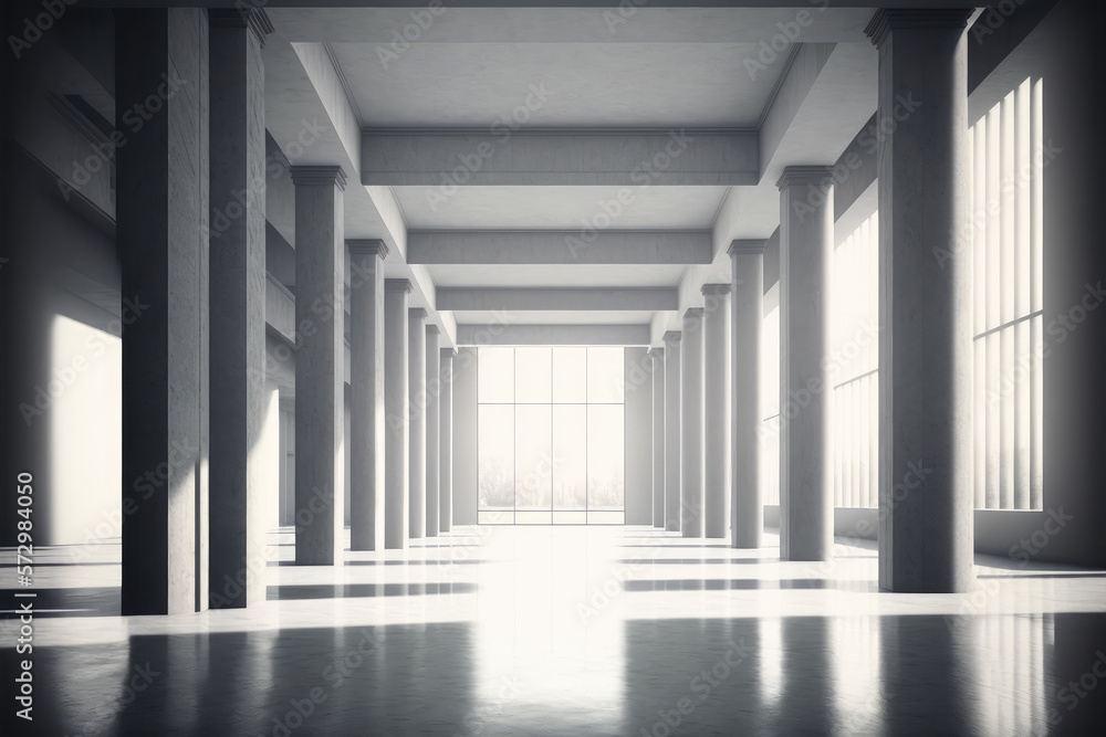 Large hall corridor inside office building background. Peculiar AI generative image.