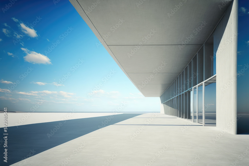 Modern architecture exterior of public hall entrance in urban building outdoor under bright sky with