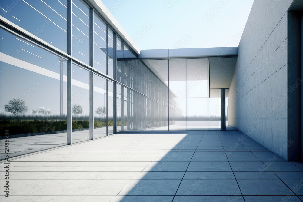 Modern architecture exterior of public hall entrance in urban building outdoor under bright sky with