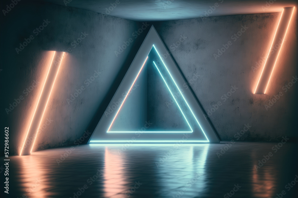 Concrete room with triangle portal illuminated by blue and orange neon light. Peculiar AI generative