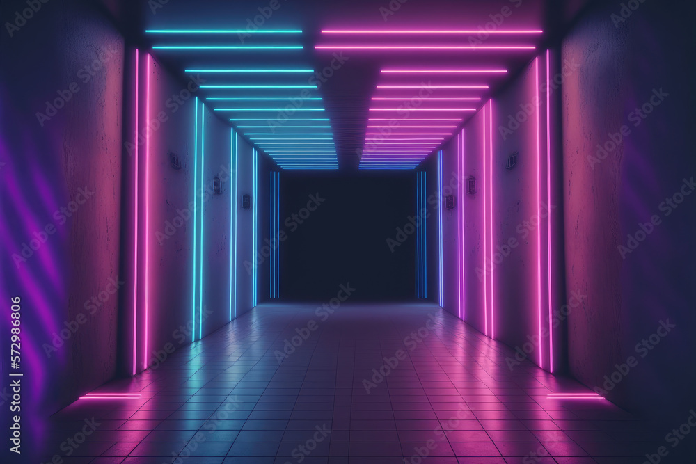 Neon light corridor tunnel with diminishing perspective view . Futuristic walking pathway. Peculiar 