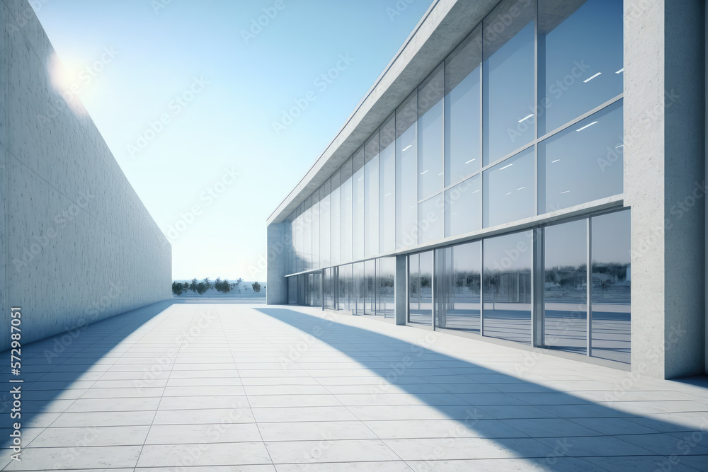 Modern architecture exterior of public hall entrance in urban building outdoor under bright sky with