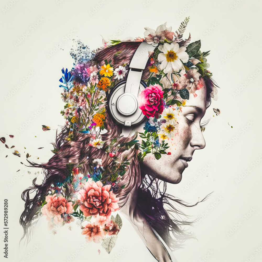 Sedate double exposure portrait of beautiful woman in headphone listen to music immerse with spring 