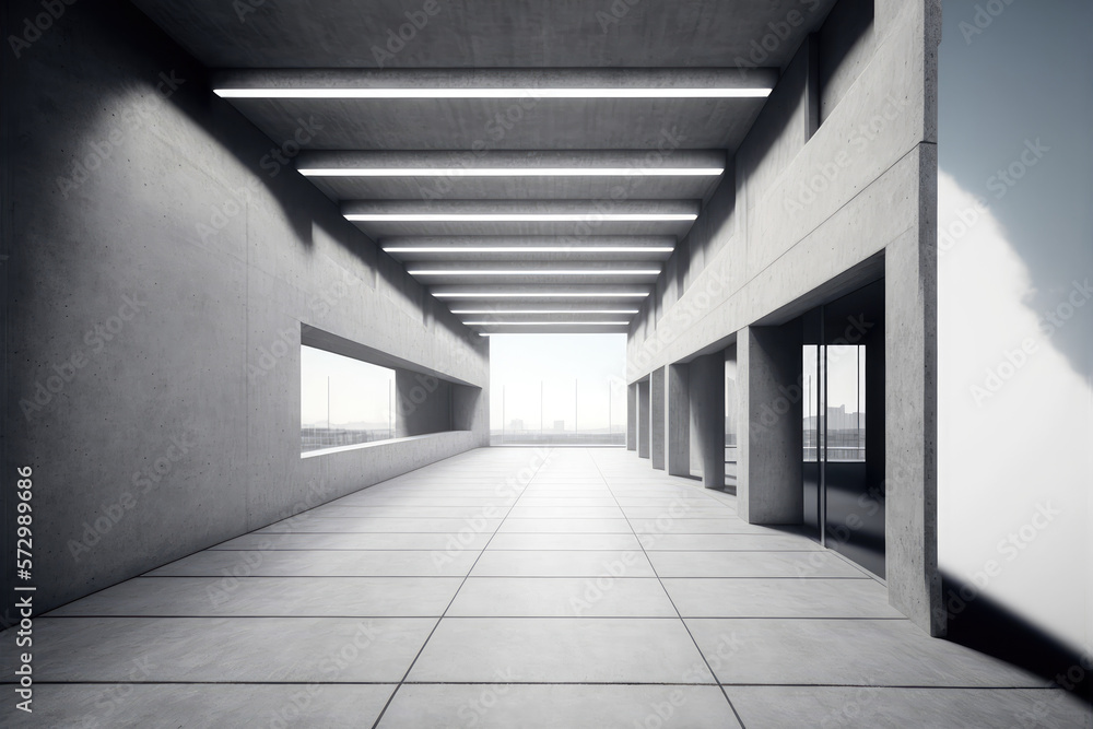 Modern architecture exterior of public hall entrance in urban building outdoor under bright sky with