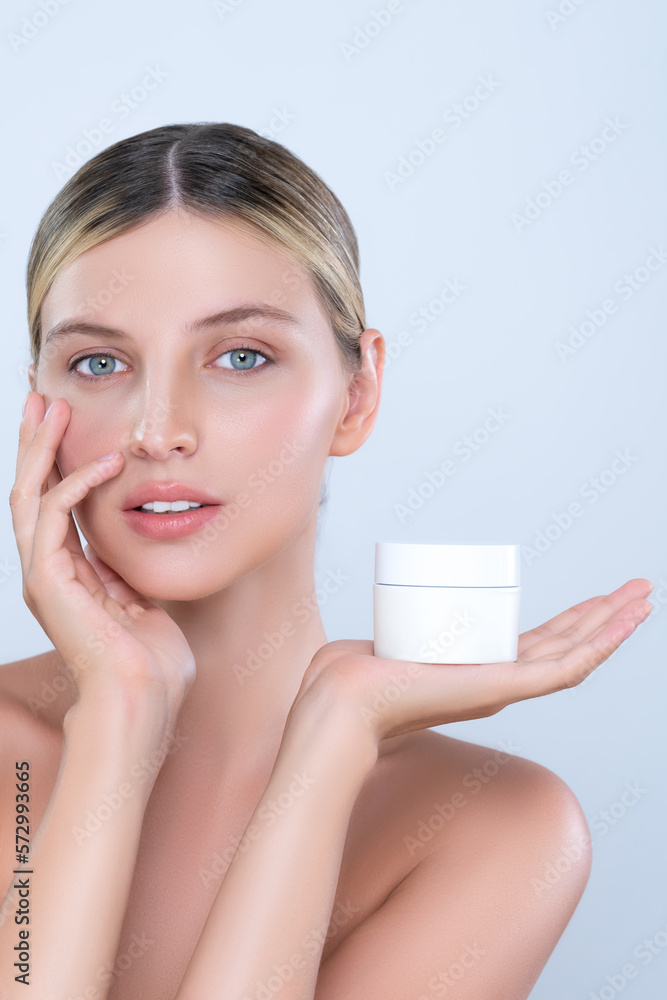 Alluring beautiful perfect cosmetic skin woman portrait hold mockup jar cream or moisturizer for ski