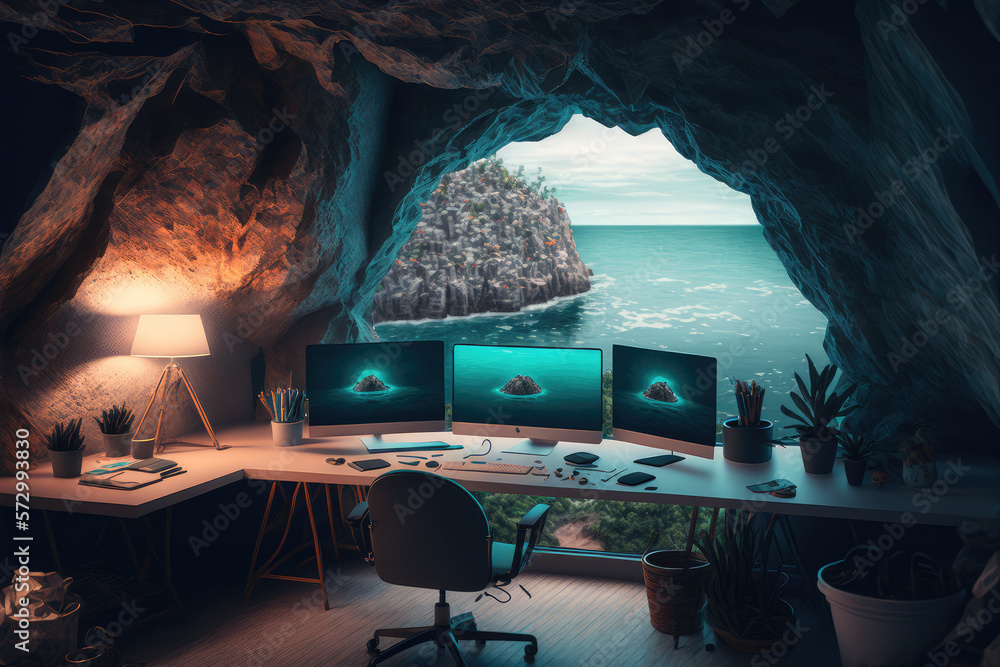 Imaginary home workspace in rocky cave with a large window overlooking ocean ridge landscape . Dream