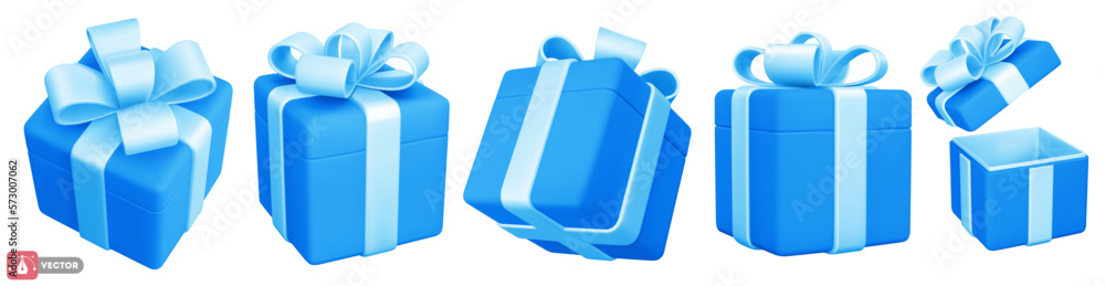 Set of 3d blue gift boxes with cute bow. Open and closed. Holiday design element for birthday, weddi