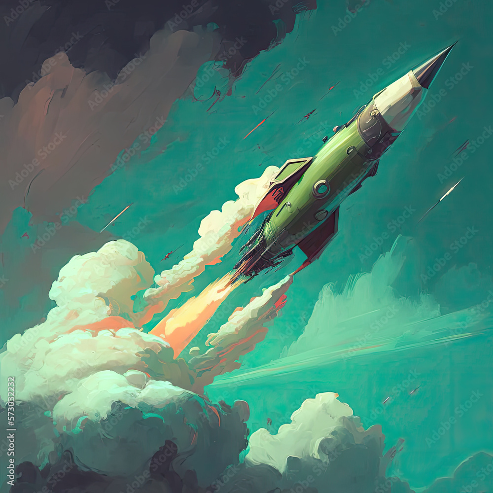 Rocket flying through the clouds, acrylic palette. Generative AI illustration.