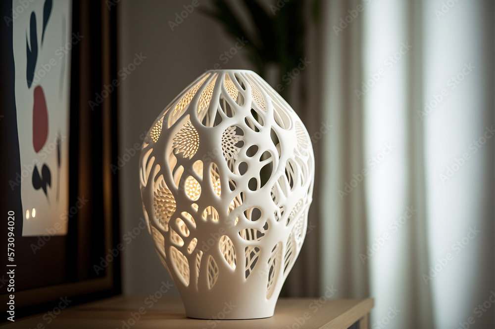 Lamp on bedside table at night prototype by 3D printing technology . Sublime Generative AI image .