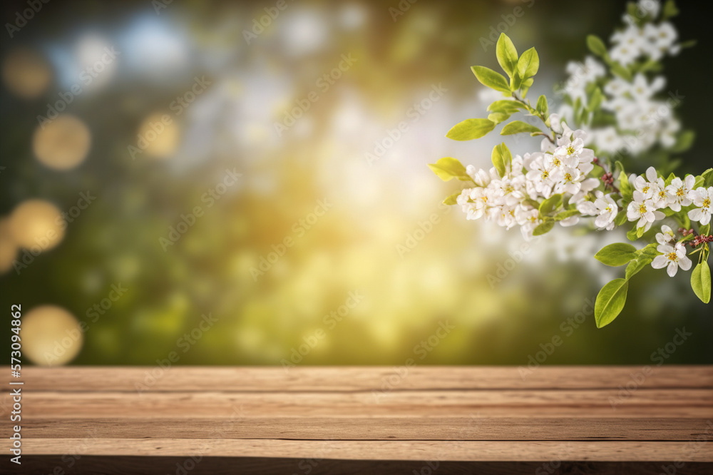 Empty table for product display with flower spring blur background . Sublime Generative AI image .