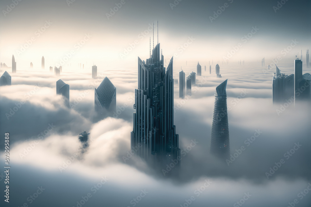 Top of skyscrapers building high above the clouds in the morning sunrise . Futuristic architecture o