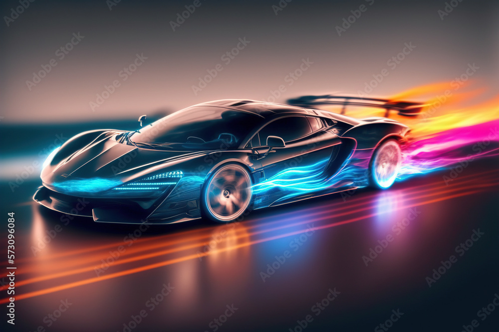 Speeding fast sports car drives on highway road with motion blur effects creating light trailing env