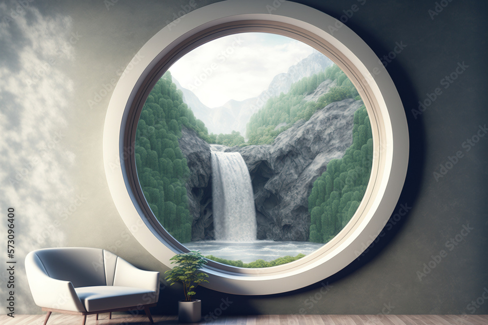 A room with round glass window overlooking beautiful landscape background . Hotel futuristic showroo