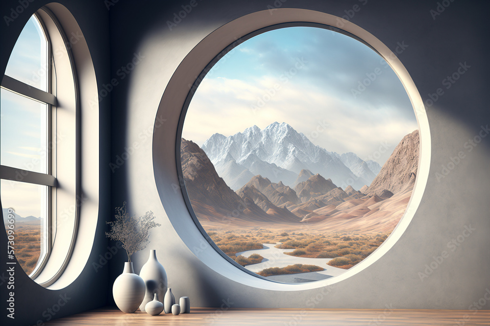 A room with round glass window overlooking beautiful landscape background . Hotel futuristic showroo