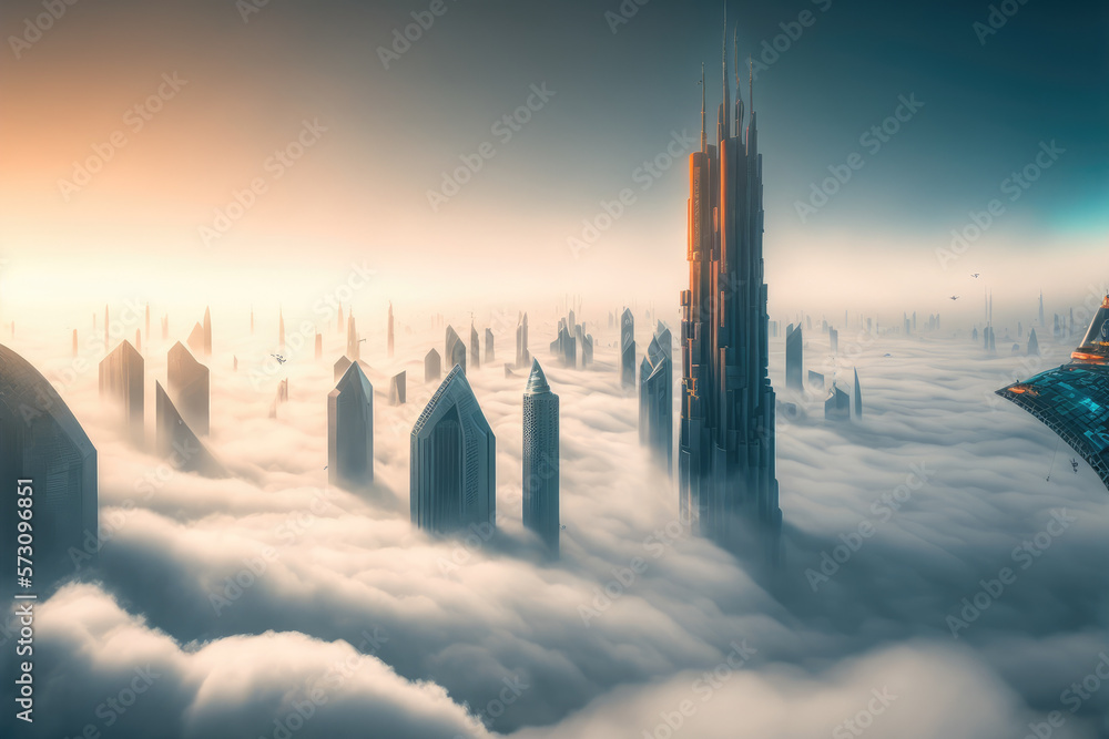 Top of skyscrapers building high above the clouds in the morning sunrise . Futuristic architecture o