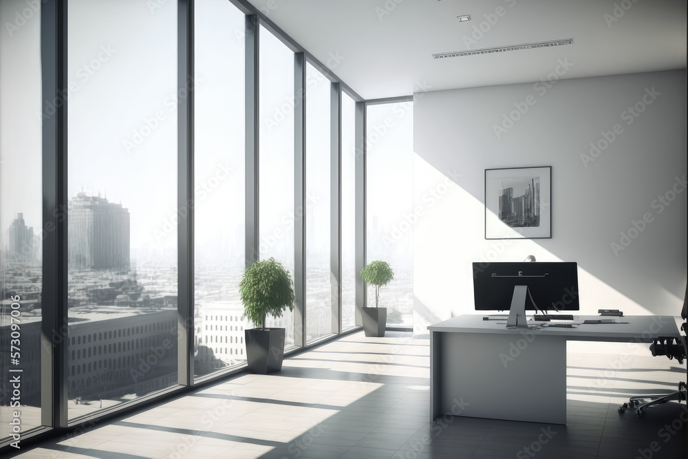 Empty modern office background in city center . Workspace interior design . Clean and bright office 