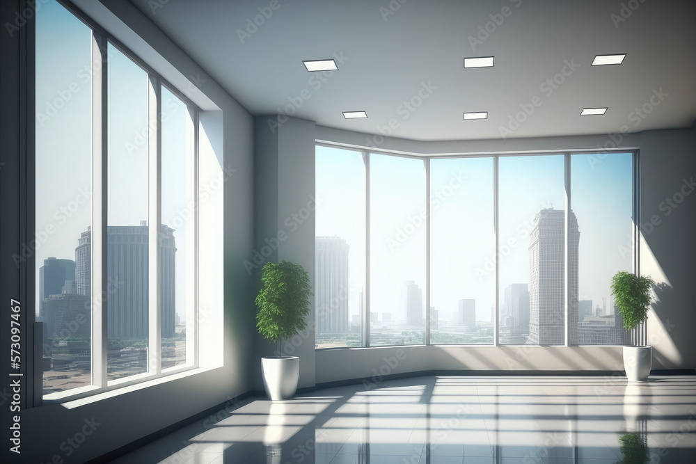 Empty modern office background in city center . Workspace interior design . Clean and bright office 