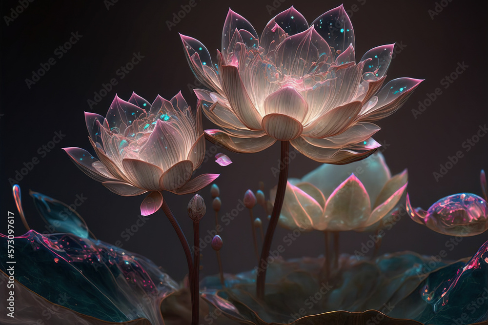 Dreamlike image of light glowing lotus flower or water lily with transparent pink illumination under