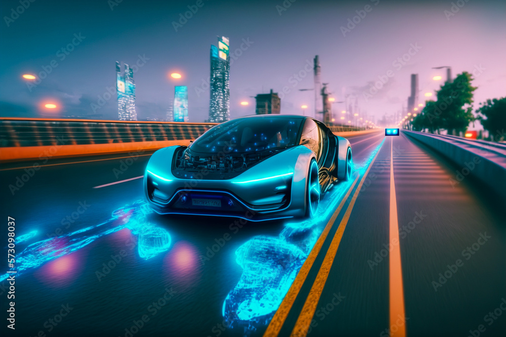 Fast electric car with luxury futuristic autonomous sensor software driving on road in downtown city