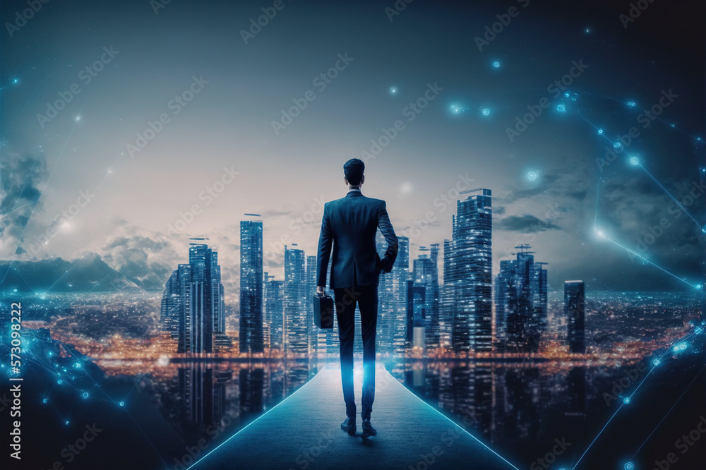 Businessman walking on virtual reality platform to futuristic smart city of opportunity with interne