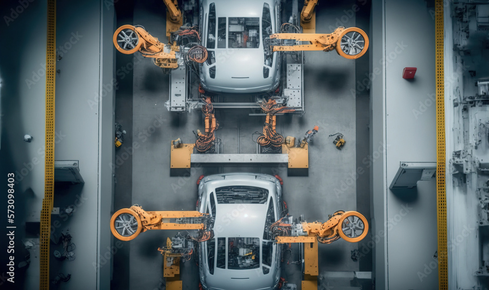 Top View Car Factory with Automated Robot Arm Assembly Line Manufacturing . Sublime Generative AI im