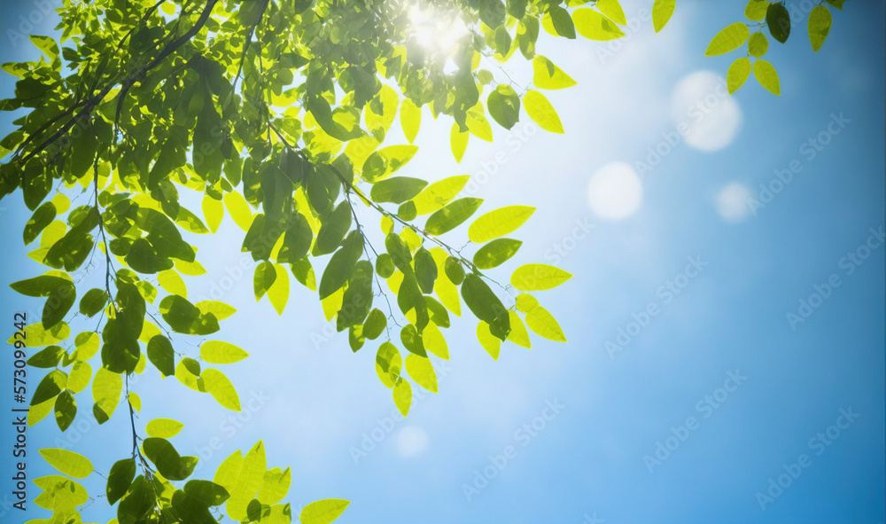 Green leaves under blue sky background in spring and summer garden . Sublime Generative AI image .