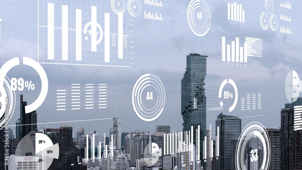 Business data analytic interface fly over smart city showing alteration future of business intellige