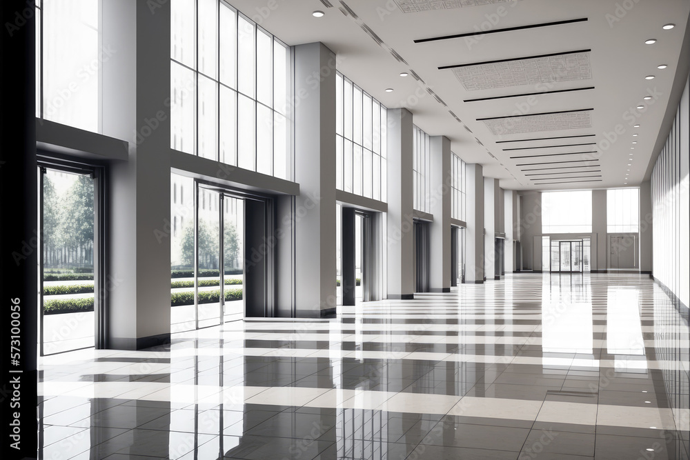 Empty entrance hall of modern public station or large convention center lobby . Contemporary beautif