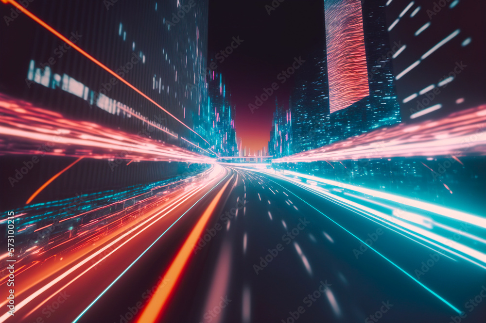 Smart digital city with high speed light trail of cars of digital data transfer . Sublime Generative