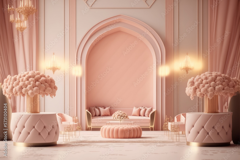 Modern living room interior design decorated in luxurious all pink color monochrome. Peculiar AI gen